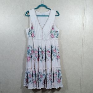 04197 Sundance cream w/red & pink floral embroidery tiered dress M NEW